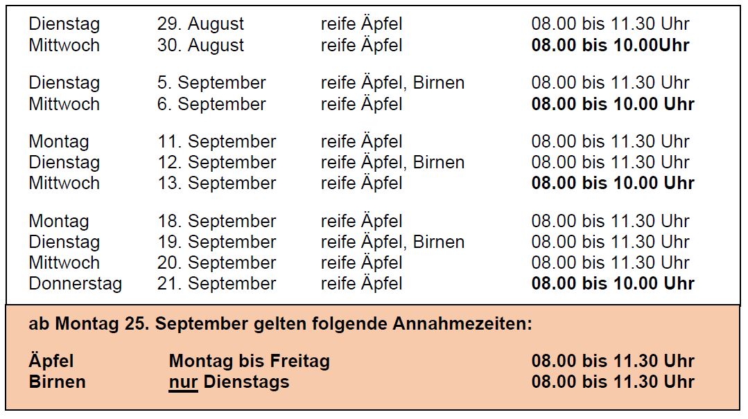 Obstannahmezeiten 2023